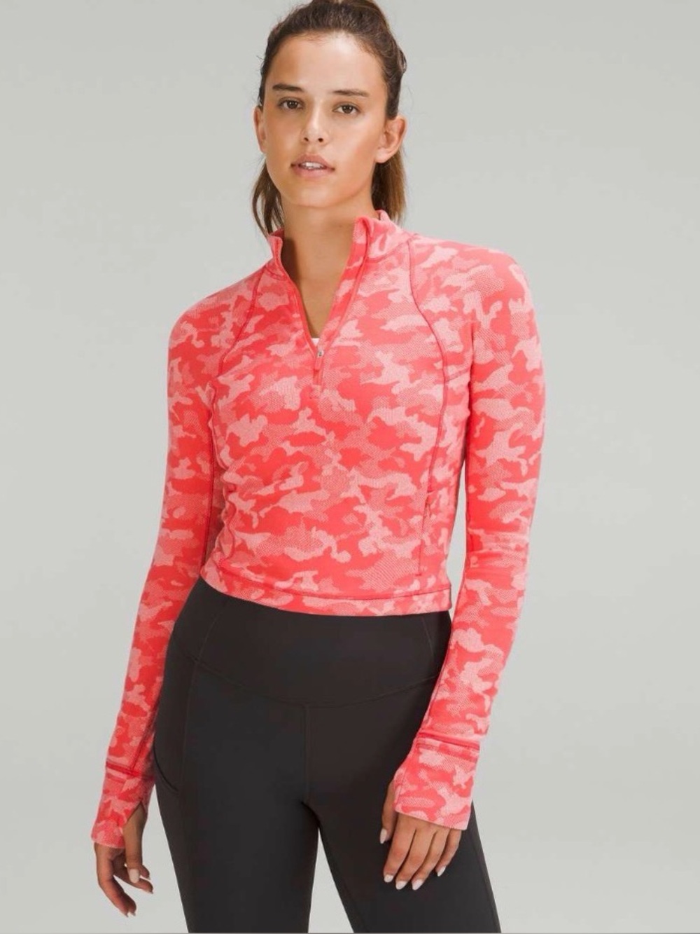 Lululemon Its Rulu Run Cropped Half
Zip Heritage Camo Jacquard Pale Raspberry